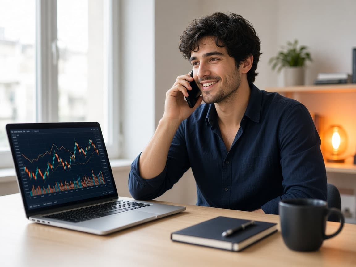 Someone taking a call beside a laptop with market charts